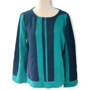 Ann Taylor Womens Size XL Navy Green Geometric Striped Wool Blend Crew Sweater